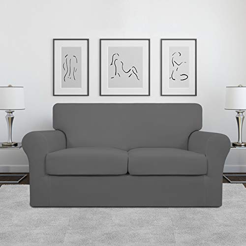 Image of Easy-Going 3 Pieces Stretch Soft Couch Cover for Dogs - Washable Sofa Slipcover for 2 Separate Cushion Couch - Elastic Furniture Protector for Pets, Kids (Loveseat, Gray, Medium)
