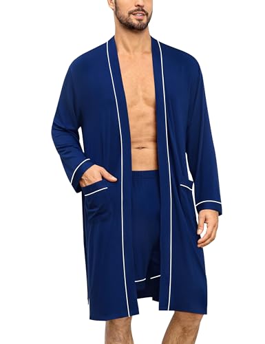 SWOMOG Mens Modal Robe with Shorts Set 2 Pcs Long Sleeve Kimono Bathrobe Soft Pjs Set Loungewear with Pockets4