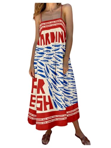 SOLY HUX Women's Sundress Graphic Print Color Block Spaghetti Strap Flowy Summer Long Cami Dress Red Letter Large