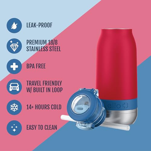 Image of Ello Emma 14oz Insulated Stainless Kids Water Bottle with Straw, Red Splash