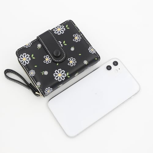 Small Wallets for Women Leather Bifold Zipper Pocket Colorful Flowers Wallet Credit Card Holder with ID Window4