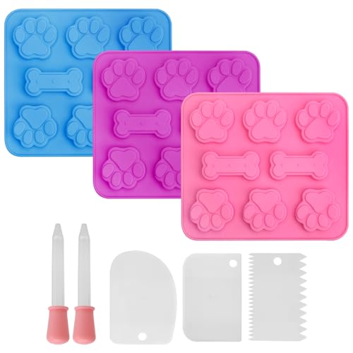 KQDRAVINE Set de 3 Moldes de Silicona, Molde para Helado para Perros, Helado para Perros, Tapetes para Hornear con Rascador de Masa y Alimentador, para Golosinas para Perros, Dulces, Galletas y Pudín