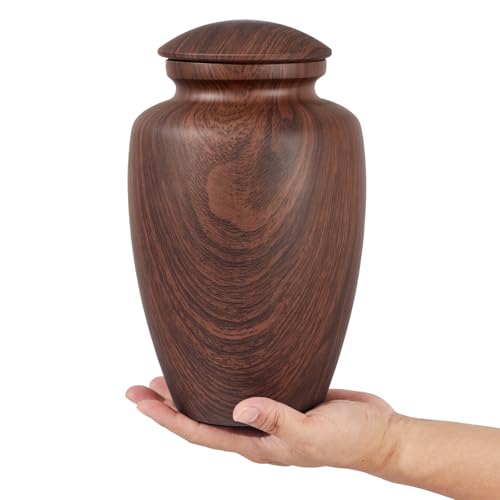 Image of Large Handcrafted Cremation Urn for Ashes Adult Male Female | Large Aluminum Wood Grain Urn for Ashes for Men Women,Memorial Decorative Urns for Man /Dad /Father /Brother /Grandpa