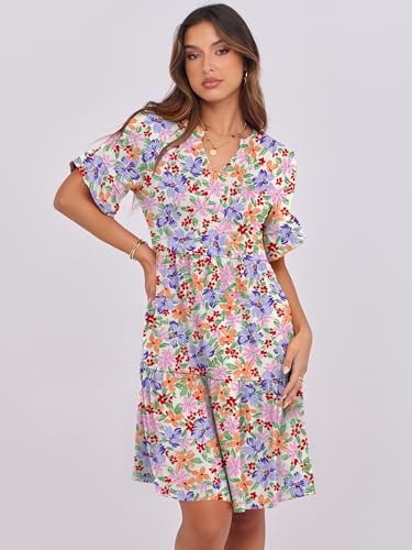 Image of ANRABESS Women's Summer Casual Dress, V-Neck Ruffle Sleeve Tiered Mini Dress, Soft Comfy Fabric with Pockets for All-Day Wear