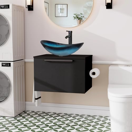 ZealWe Badmöbel-Set Waschtisch mit Unterschrank 60cm, Waschbeckenunterschrank mit Waschbecken, Badezimmermöbel Matt Schwarz Badezimmerschrank Hängend, 2-teilig, für kleine Bäder Gäste WC, Blau