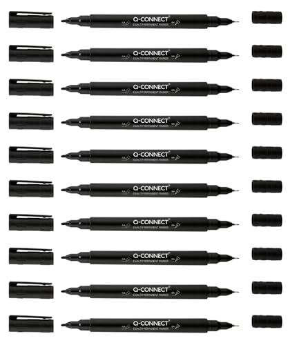 Q-Connect CD DVD BD Marker Doppelspitze/Marker Stift Stärke: mit einer ultrafeinen 0,4 mm Harzspitze und einer 1,0 mm Acrylfeder/Schwarz / 10 Stück - 10er Pack/Wasserfest/Ungiftig