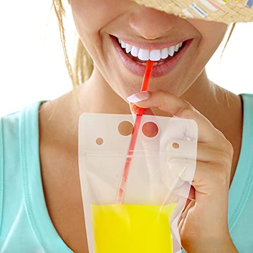 50 Pcs Stand-Up Plastic Drink Pouches Bags With 50 Drink Straws, Heavy Duty Hand-Held Translucent Reclosable Ice Drink Pouches Bag, Non-Toxic, For Smoothie, Cold & Hot Drinks #TOP4