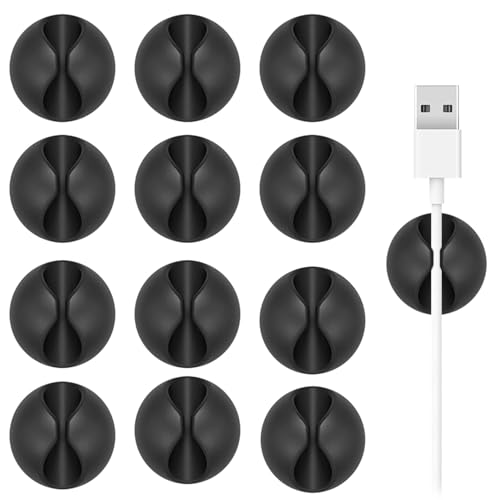 Kabelhalter Kabelclips, 12 Stück Kabel Organizer - Kabelklemmen Selbstklebend Kabel-Clips, Kabel-Organizer Kabelorganizer für Schreibtisch, Kabelmanagement für Netzkabel (Schwarz)