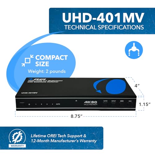 Image of OREI 4K Multi HDMI Viewer Quad 4 in 1 Out, Switcher 4 Ports Seamless IR Remote Support 4K @ 60Hz 1080P for PS4 /PC /DVD /Security Camera, HDMI Switch Optical Audio L /R Output - UHD-401MV