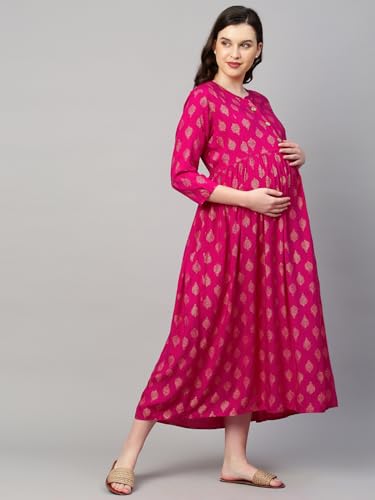 Image of MomToBe Women's Rayon Midi Maternity Dress /Feeding Dress /Pregnancy Dress /A-Line Western Dress with Zippers for Nursing Pre and Post Pregnancy - All Over Print