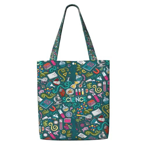 DEXNEL Bolsa de lona mediana con temática de ciencia de dibujos animados, bolsa de compras reutilizable con sistema de cierre a presión, bolsas de comestibles reutilizables