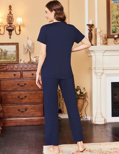 Ekouaer Women Pajamas Set Button Up Pj Sets Short Sleeve Sleepwear with Long Pants Soft Loungewear S-XXL3