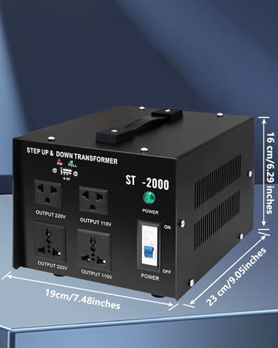 Voltage Converter Transformer 2000w,Step Up/Down Power Converter AC 110v to 220v / 220v to 110v,Transformer Converter with Two Spare Fuses,2 Universal Sockets,2 US Outlets,Circuit Breaker Protection2