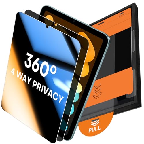 OMOTON 360 Privacy Screen Protector for iPad Mini 7th(A17 Pro) 2024 / Mini 6th Generation 8.3 2021 4 Way Anti-Spy Tempered Glass with Installation Tray Case & Apple Pencil Compatible 2 Pack