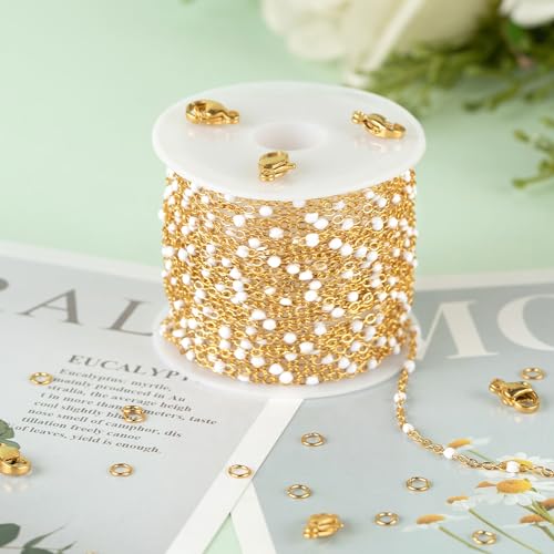 KYUNHOO 16.4 Feet/5M Stainless Steel Beaded Chain for Jewelry Making - Gold Plated Bulk Thin Cable Link With Findings for DIY Craft