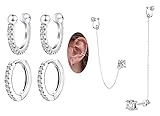Sterling Silver Chain Earrings with Ear Cuffs,Hypoallergenic Cubic Zirconia Hoop Earrings Set for Wo
