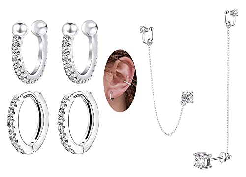Sterling Silver Chain Earrings With Ear Cuffs,Hypoallergenic Cubic Zirconia Hoop Earrings Set For Women #TOP14