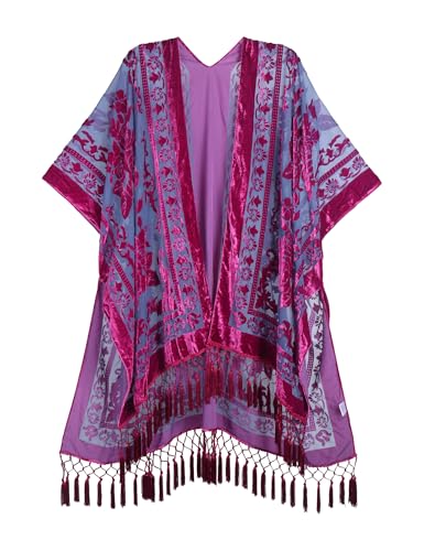 MJ SERECA Womens Burnout Velvet Kimono Long Cardigan Cover Up with Tassel Twilight Blue/Magenta Wine