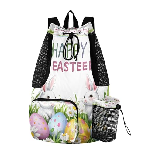 Mesh Gym Swimming Bags for Men & Women, Easter Bunny Butterfly Flowers Large Drawstring Backpack with Dry-Wet Pocket, Lightweight Gym Bag for Sports, Travel, Beach, Workout Gear
