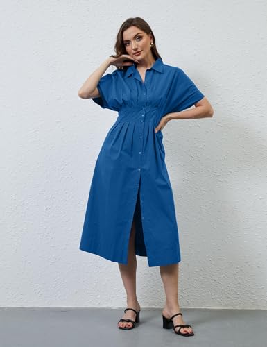 Image of Women Striped Button Down Shirt Maxi Dresses Summer Pleated Short Sleeve Collar Casual Corset Long Dress