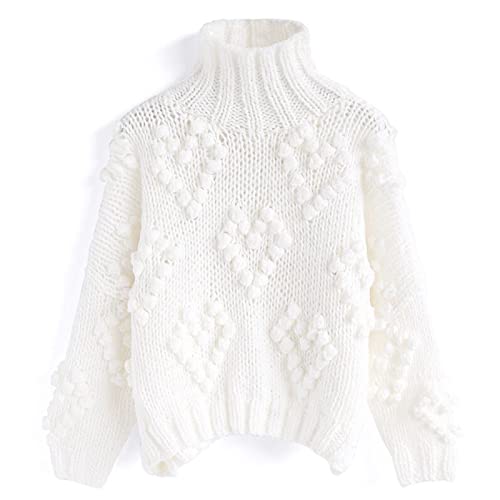 CHICWISH Womens Turtleneck Sweater Heart Pom Pom Pullover Sweaters Long Sleeve Loose Chunky Knit Sweater Tops