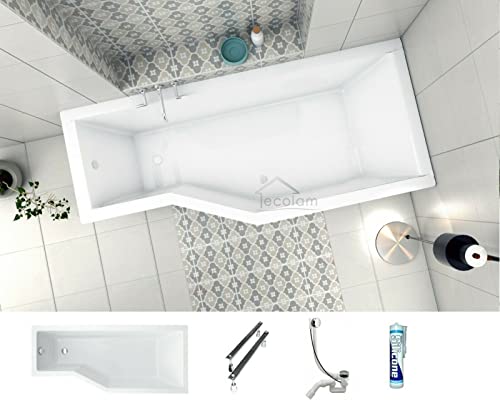 ECOLAM® Badewanne Eckbadewanne Integra Acryl weiß 170x75 cm RECHTS Ablaufgarnitur Ab- und Überlauf Automatik Füße Silikon raumsparend platzsparend