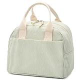 LOVELYWIND Insulated Lunch Bag for Women, Reusable Green Striped Lunch Box Cooler Bag with Large Capacity, Durable Lunch Tote for Work