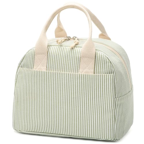 LOVELYWIND Insulated Lunch Bag for Women, Reusable Green Striped Lunch Box Cooler Bag with Large Capacity, Durable Lunch Tote for Work