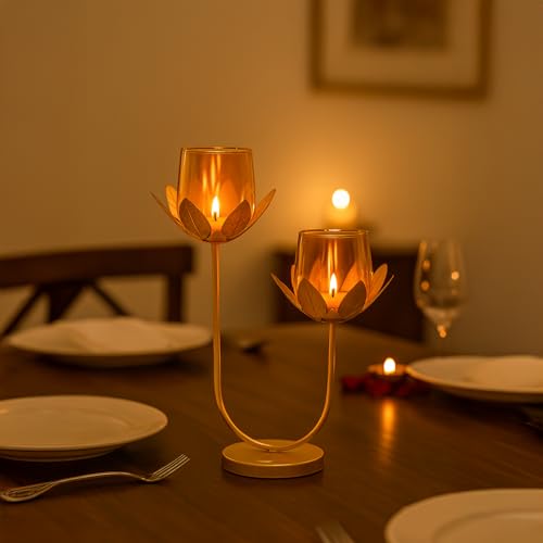 Image of MARKET 99 Metal + Glass 2 Votive T-Light Holder | U-Shaped Golden Candle Stand for Christmas, Diwali, Birthdays & Weddings | Elegant Home & Festive Ambient Decor Lighting