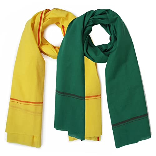 Image of Cotton Skin Friendly Summer Shrink Proof Bath Towel Pure Cotton Gamcha Soft 100% for Men and Boys All Purpose Living Handloom (Dark Green-Yellow| Pack 02)