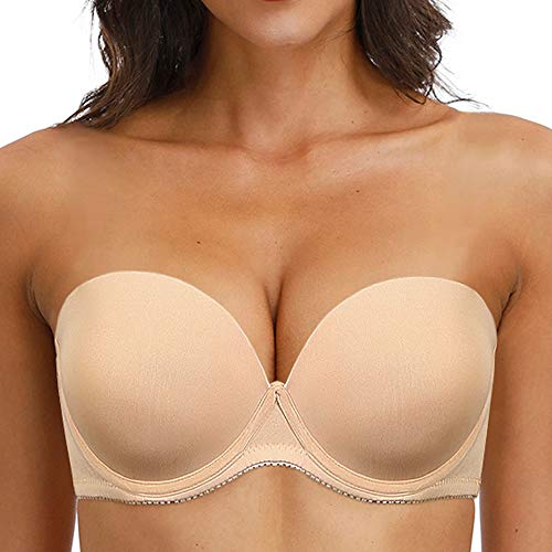 Women's Push Up Strapless Thick Padded Convertible Multiway Bra Underwire Supportive Bra with Detachable Clear Straps Nude, 38C