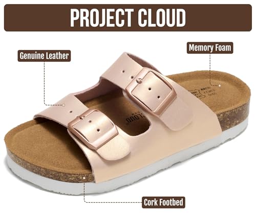 Image of Project Cloud Kids Sandals 100% Genuine Leather - Natural Cork Footbed Non-Slip Slides for Kids - Lightweight Boys & Girls Sandals - Water-Resistant Girls & Boys Sandals