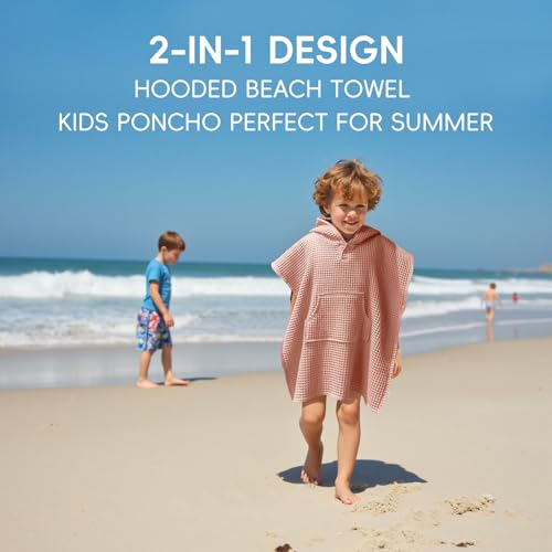 Image of Hooded Kids Beach Towel - Soft Poncho Towel for Babies and Toddler - Lightweight Waffle Cotton Towel Cover Up for Beach and Pool and Bath