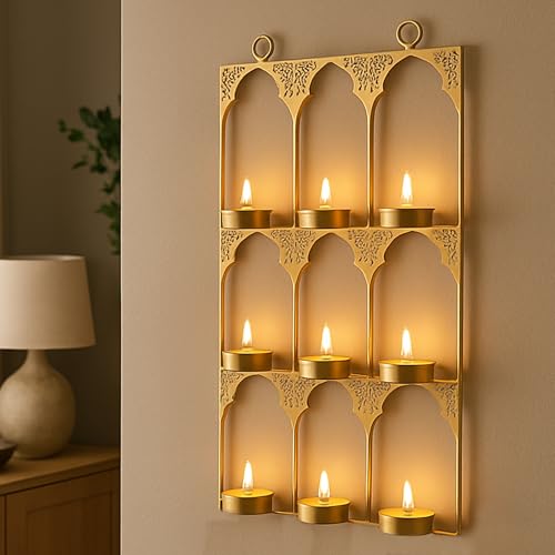 Image of CraftVatika Tealight Candle Holder Festive Decor,Wall Mounted Iron Tealight Candle Holder Stand Frame for Home Christmas Diwali Decoration Items, Diwali Gift Items, Wall Decor, Pooja Decoration Items
