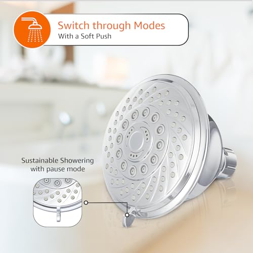 Image of Amazon Basics Shower Head for Bathroom | Round Multifunction 5-Spray Overhead Shower | Wall Mount Bathroom Shower with Pause Function, Chrome Finish, 3.9 Inches Wide Sprayface, CHROME finish