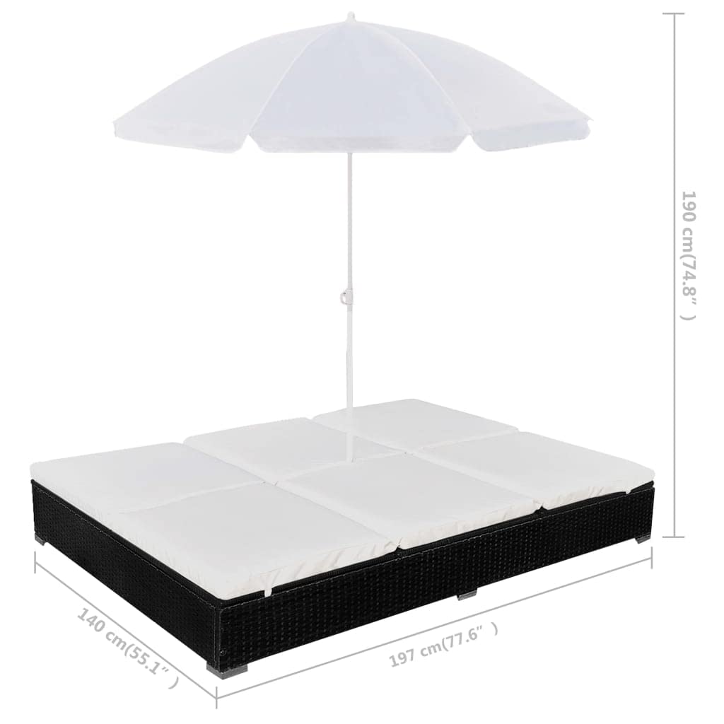 vidaXL Tumbona con Sombrilla Jardín Mueble Hamaca con Parasol Piscina Asiento Sofá Exterior Patio Terraza Ratán Sintético Negro Material Tipo Mimbre