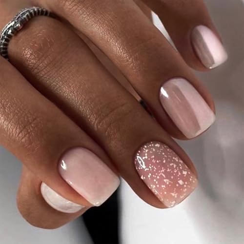 Pink Press on Nails Short Square Fake Nails Nude Pink False Nails Press ons with Designs Glitter Glossy Full Cover Cute Acrylic Glue on Nails Artificial Stick on Nails for Women Manicure 24Pcs