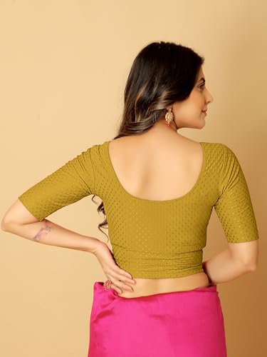 Image of Amazon Brand - Anarva Round Neck Dobby Cotton Lycra Stretchable Elbow Half Sleeve Readymade Saree Blouse for Women Stylish