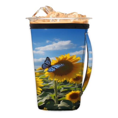 Sunflower Butterfly Clouds M Reusable Iced Insulator Coffee Sleeves Neoprene Insulated Sleeves With Handle Coffee Sleeves for Iced Coffee Cups Drinks