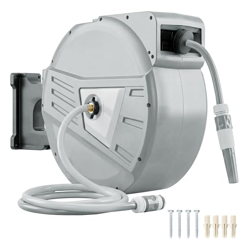 Outsunny Enrouleur Tuyau Arrosage Mural 40+2 m Pivotant à 180°, Dévidoir de Tuyaux d'Eau, Buse 2 Modes, Rembobinage Auto et Progressif avec Verrou, Adaptateurs, pour...