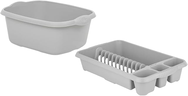 M1SS Set of 2 Soft Grey Plastic Medium Dish Drainer with Washing Up Bowl Kitchen Organiser