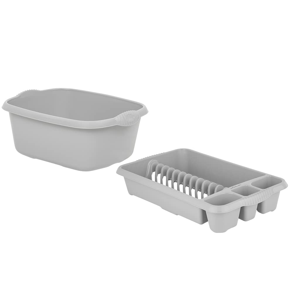 M1SS Combination of Soft Grey 39cm Rectangular Washing up Bowl with Medium Dish Drainer Plate Rack Draining Board Tray Stand Sink Holder Kitchen Organiser