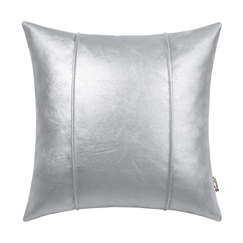 Image of BRAWARM Silver Leather Throw Pillow Covers 16 X 16 Inches - Faux Leather Pillow Cover with Piping, Hand Stitched Leather Throw Pillow for Couch Sofa Bed Living Room Home Decorative