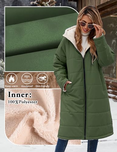 Vancavoo Wintermantel Damen Lang Winterjacke Warm Gefüttert Winterparka Winter Jacke Mantel Parka Steppmantel Daunenmantel mit Kapuze,Armee Grün,L