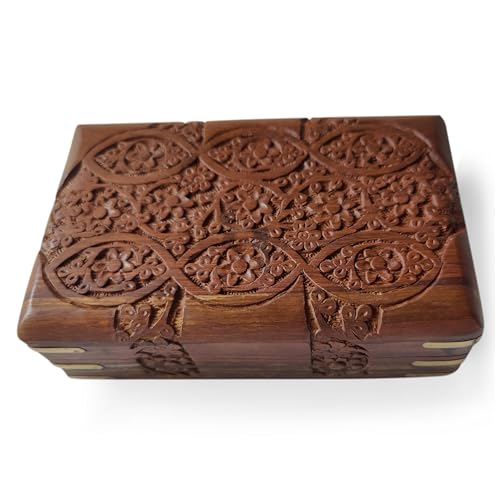 GURU JEE Hand Carved Wooden Decorative Floral Carvings Multipurpose Storage Organiser Keepsake Jewellery Box 20x12.5x6.5 CM