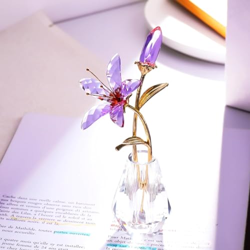 Kertari 誕生日 プレゼント 母親 妻 彼女 女性 人気 百合 造花【正規品】 K9 クリスタル ユリの花 インテリア 枯れない花 ガラス細工 置物 結婚記念日 結婚祝い 退職 送別会 クリスマス ギフト - パープル [2]
