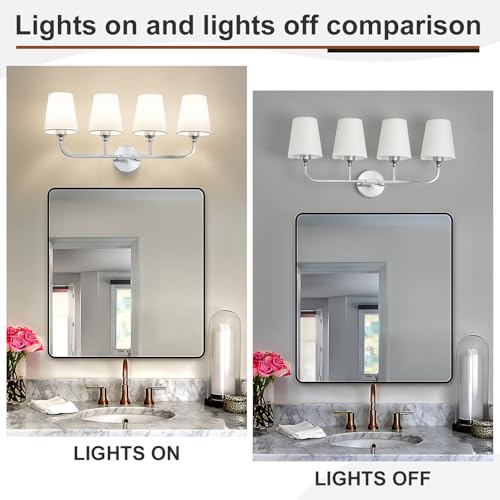 Image of Bathroom Vanity Light Brushed Nickel Bathroom Lighting Fixtures Over Mirror | 4-Light Bathroom Light Fixtures with Flared White Fabric Shade, E26 Socket (ETL Listed)