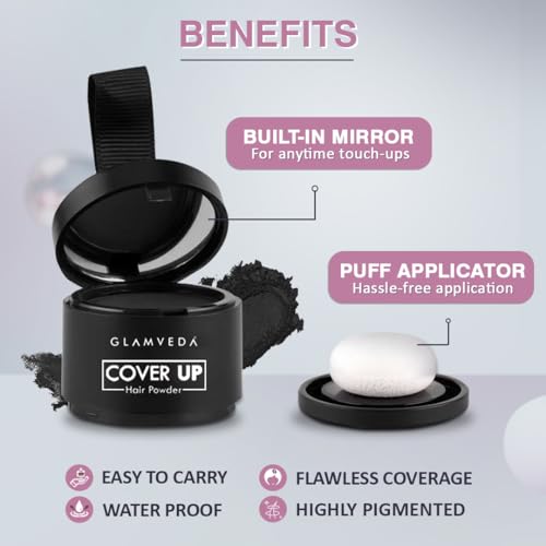 Image of Glamveda Cover-Up Hair Powder Black | Instantly Covers Grey Roots, Bald Spots & Thinning Hair | Hairline Filler for Fuller & Denser Looking Hair | Highly Pigmented Matte Finish | Long-Lasting Coverage | 4g
