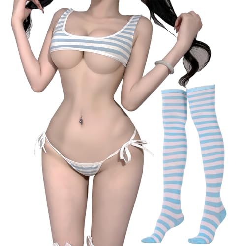 SINROYEE Conjunto de lencería sexy de anime Kawaii para mujer, con tirantes halter, micro brasier, bragas pequeñas con medias a rayas, Azul 2, Talla única