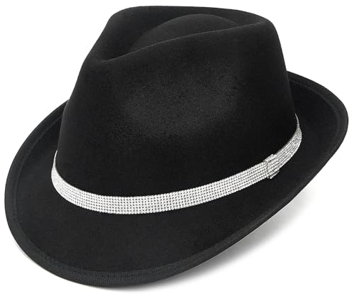 FADACHY Fedora Hats for Women & Men Trendy Short Brim Felt Hat with Rhinestone Belt Trilby Panama Dress Hat Black Fedora